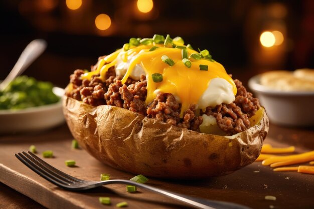 Photo an irresistible feast for the senses begins with a golden baked potato unveiling a mouthwatering combination of seasoned ground beef and velvety cheddar cheese making every bite a moment