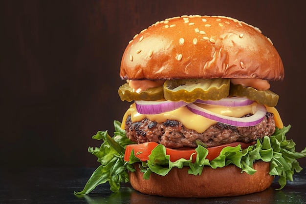 Irresistible homemade burger displayed beautifully against dark backdrop banner