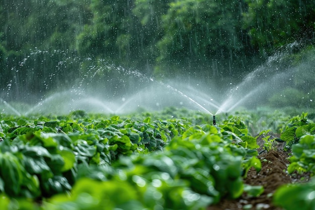 Photo irrigation of plantation sprinkler irrigates vegetable crops