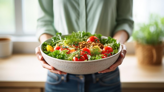 is holding a salad bowl and looking at the camera A Beautiful girl in sportswear likes t