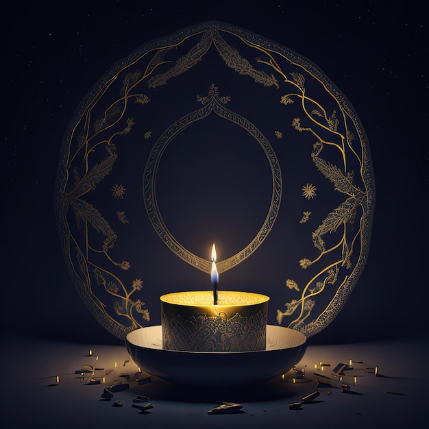is a lit candle in a decorative lantern on a dark background