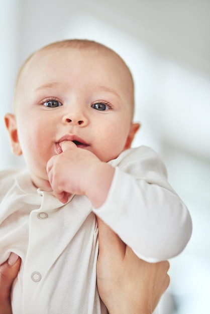 Is this what they call finger food Cropped shot of a baby boy being held by his parent at home