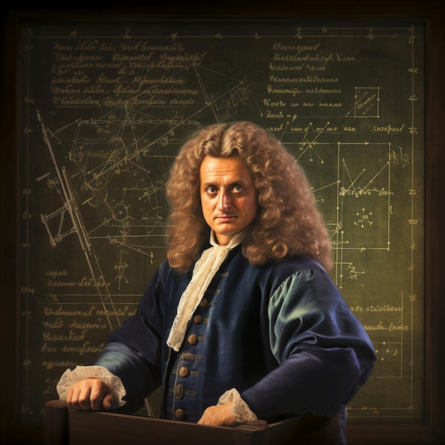 역학 책의 Isaac Newton 초상화 물리학 공식