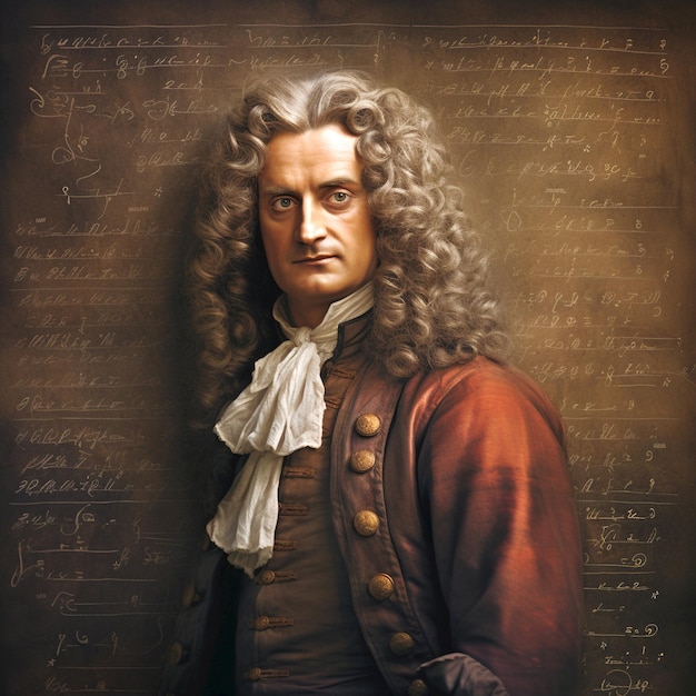 Isaac Newton portrait physics formulas from mechanic book