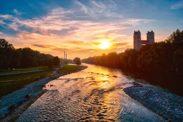 Isar river park and st maximilian church from reichenbach bridge munchen bavaria germany