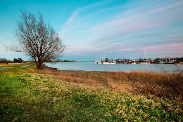 Ishoj Harbor of Denmark at sunset