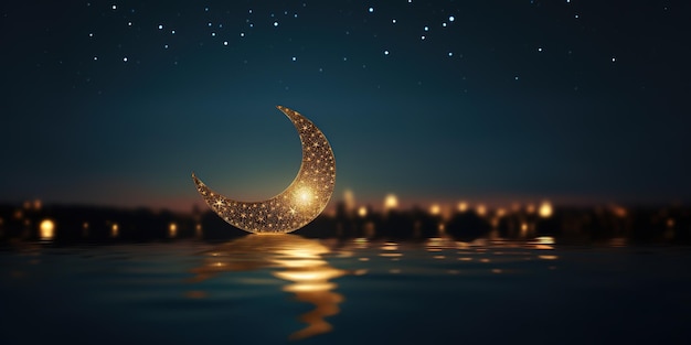 Исламская полумесяц в ночном небе, луна и яркая звезда, отраженная в морской воде