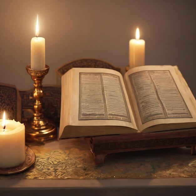 Islam holy book of muslims the quran is placed on a wooden stand light candles