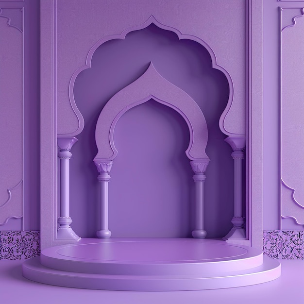 Исламская тема продукта или косметического дисплея фиолетовый фон рамка портала мечети с подиумом и пустым