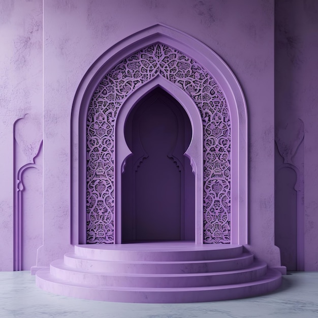 Исламская тема отображения продукта фона в 3d минимальный фиолетовый дизайн Мечеть портал рама с подиумом