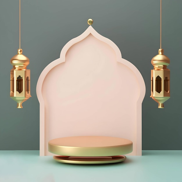 Islamic 3D Product Display Decorated Lanterns Mosque Portal Frame and Plain White Background