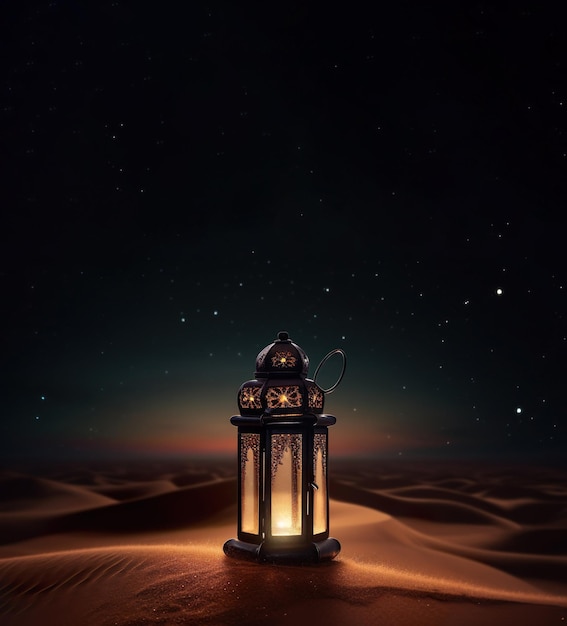 Islamic arabic lantern on desert for eid islamic celebration with copy space background Generative AI