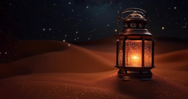 Islamic arabic lantern on desert for eid islamic celebration with copy space background Generative AI