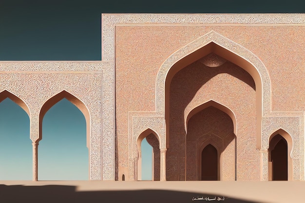 Islamic or arabic windows doors arched portals of oriental\
muslim mosque castle or palace in light beige color 3d\
illustration