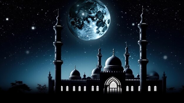 Islamic background beatiful mosque and night sky view Generative AI