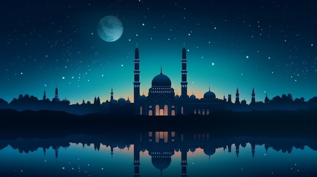 Islamic background beatiful mosque and night sky view Generative AI