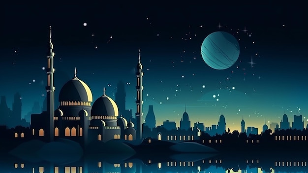 Islamic background beatiful mosque and night sky view Generative AI