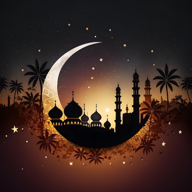 Islamic background beautiful mosque and night sky view with a crescent moon and palm trees