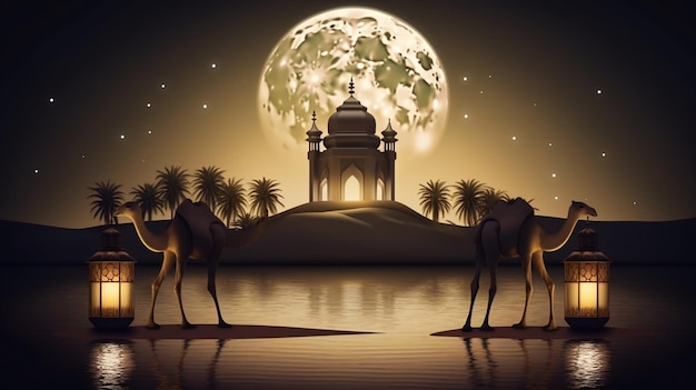 Photo islamic background concept with arabic lantern and camels