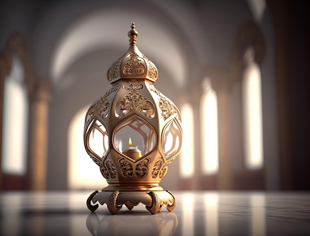 islamic background , golden ramadan lamp landscape , ai generated