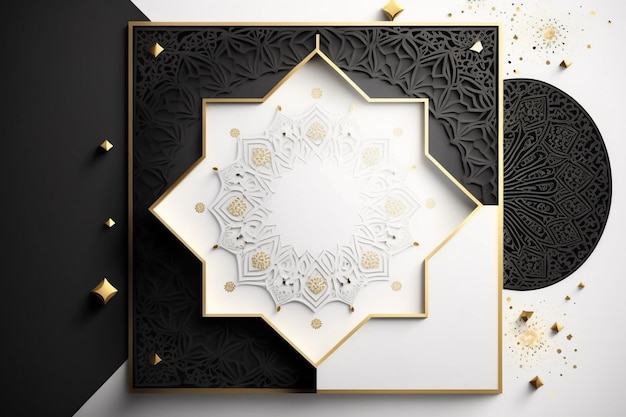 Islamic background greeting with mosque, gold and white colors white copy space generative ai