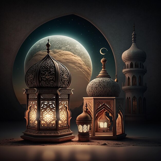 Islamic background lamps and lantern is lit up in front of a mosque Generated ai