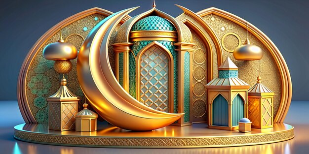 Islamic background lantern gold crescent moon on white Design concept of Ramadan Kareem Eid Mubarak