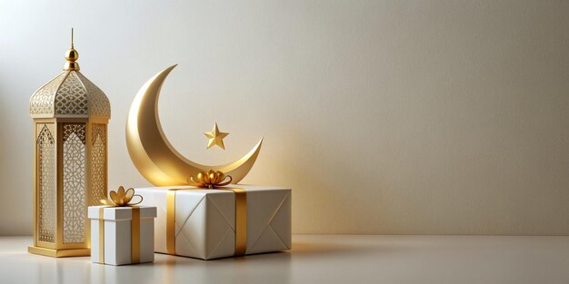 Islamic background lantern gold crescent moon on white Design concept of Ramadan Kareem Eid Mubarak