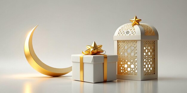 Islamic background lantern gold crescent moon on white Design concept of Ramadan Kareem Eid Mubarak