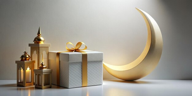 Islamic background lantern gold crescent moon on white Design concept of Ramadan Kareem Eid Mubarak