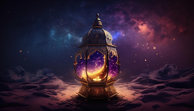 islamic background , luxury golden ramadan lamp , ai generated