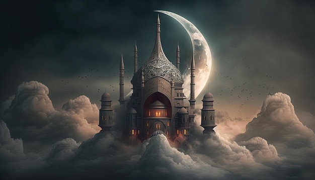 islamic background , luxury ramadan mosque in the clouds , ai generated
