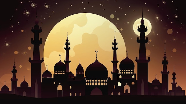 Islamic background with arabic pattern mosque silhouette against the background of the full moon Template for design Generated by AI