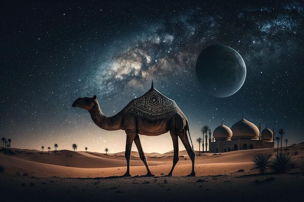 Islamic background with camel milky way and moon ornament generative AI