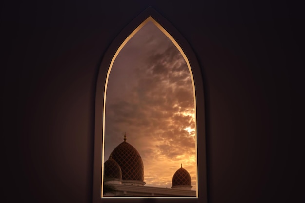 ラマダンとイードの 3 d イラストレーションの挨拶のためのモスクとイスラムの背景