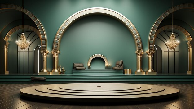 Islamic background with podium platform light green and gold