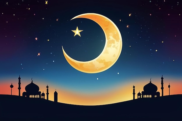 Islamic backgroundRamadan Kareem card design with Crescent moon and Star on Sunset Sky