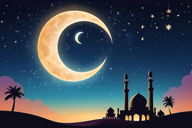 Islamic backgroundRamadan Kareem card design with Crescent moon and Star on Sunset Sky