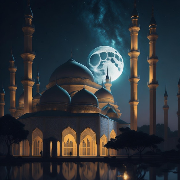 Islamic beautiful serene mosque at night generative ai