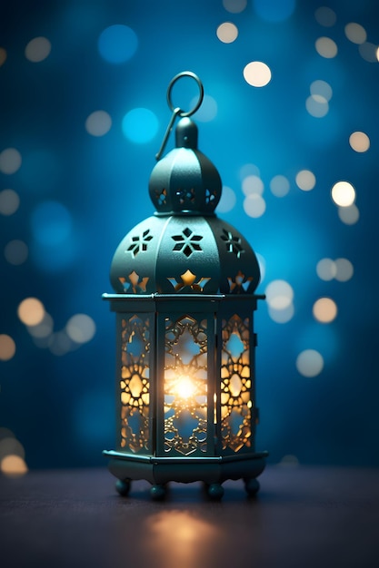 An islamic blue lantern hung on a blue background