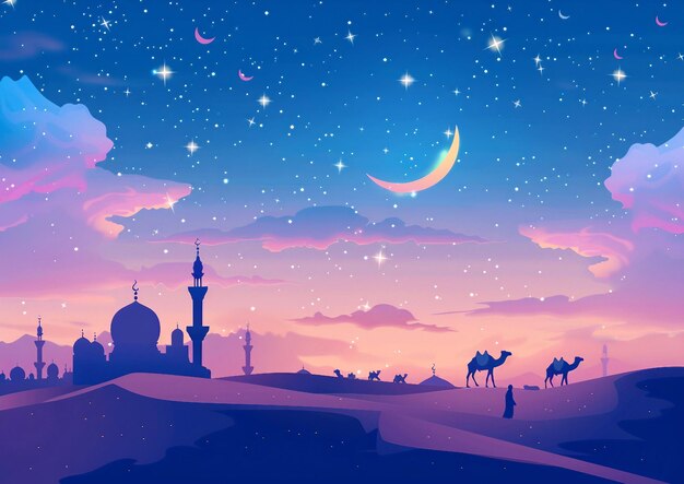 Islamic Celebration Ramadan and Eid Mubarak Design with Crescent Moon Gift Box and Praying Man 3