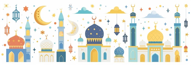 Islamic Celebration Ramadan and Eid Mubarak Design with Crescent Moon Gift Box and Praying Man 3