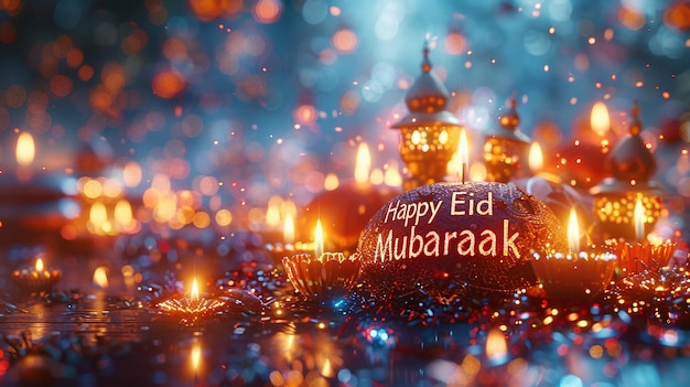 Photo islamic celebration ramadan and eid mubarak design with crescent moon gift box and praying man 3