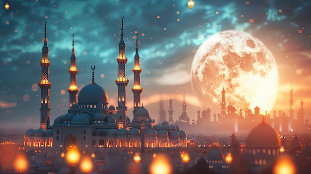 Исламское празднование Рамадан и Ид Мубарак Дизайн с подарочной коробкой полумесяца и молитвенным человеком 3