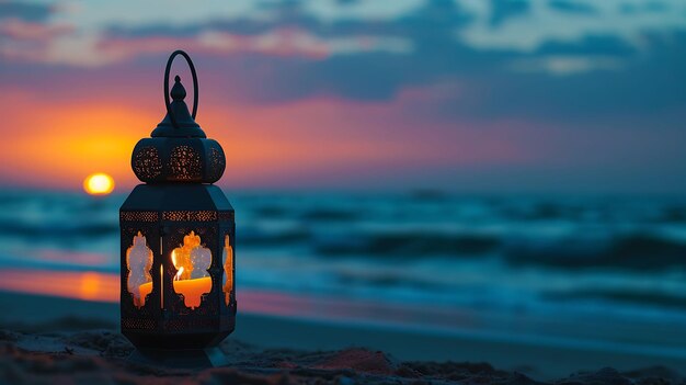 Islamic concept lamp Traditional Arabic Lantern on the beach Ramadan and Eid Mubarak greeting background