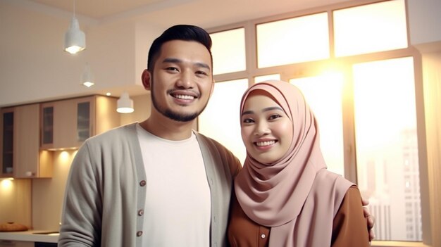 Photo islamic couple poses for photo in their new home