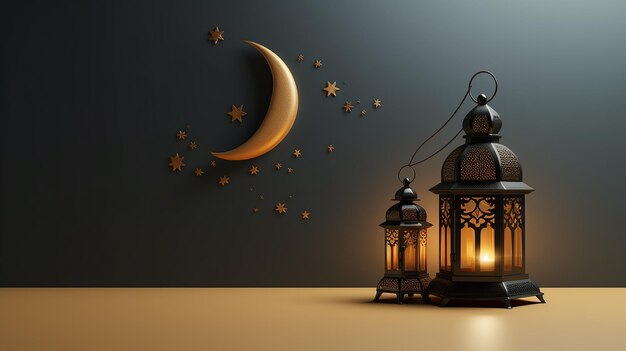 An islamic crescent lantern and ornaments in the style of minimalist backgrounds