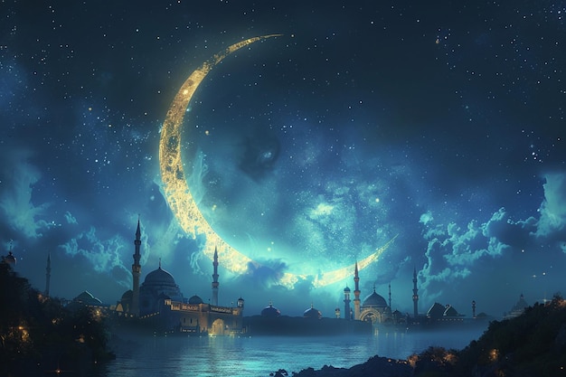 Islamic crescent shines brightly against night sky creating magical atmosphere