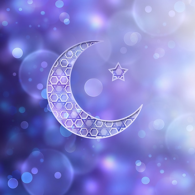 紫色の背景にイスラムの三日月と星がぼやける