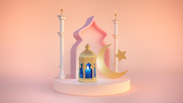 Sfondo di decorazione islamica per il ramadan con lanterna e rendering moschea d